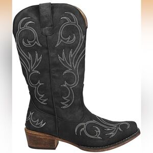 Roper Women’s Riley Western Cowgirl Boot Black Embroidered 12”Shaft Snip Toe  10
